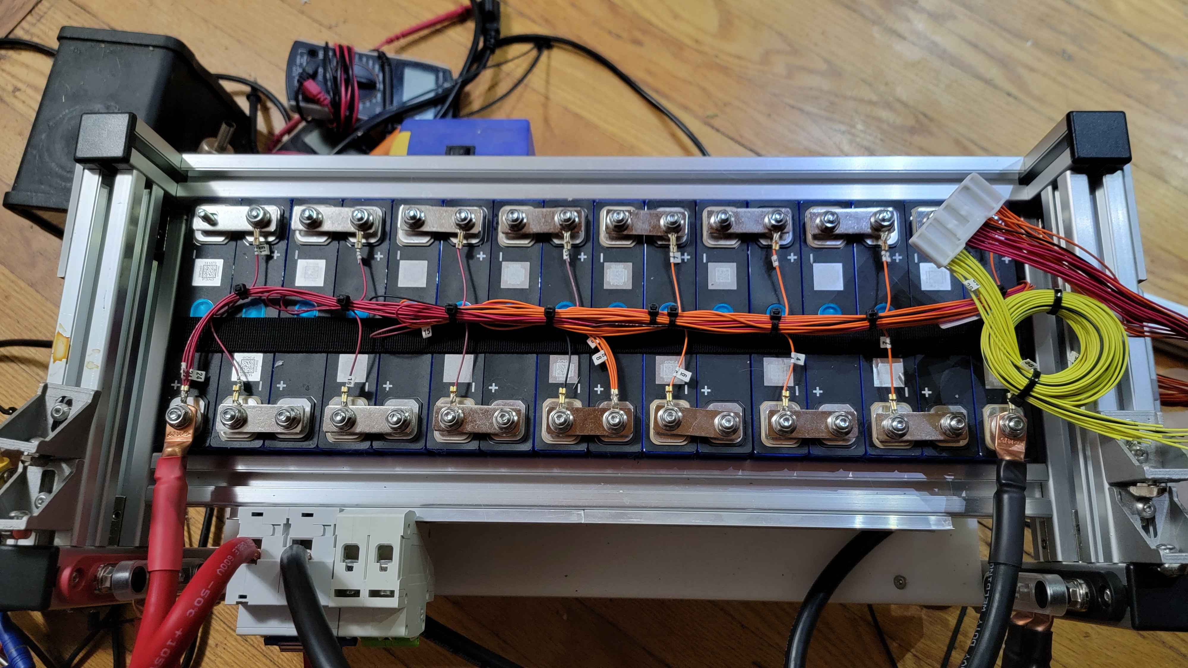 Top-down view of the battery with bus bars and cell taps installed