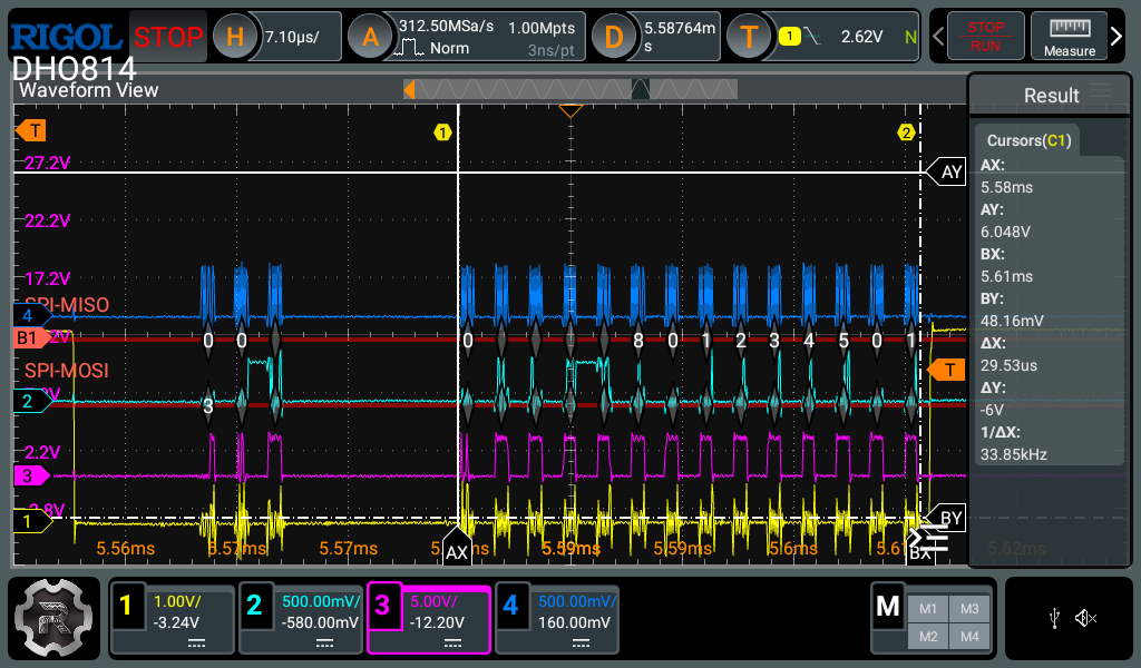 Scope trace showing a multibyte SPI transaction chopped up with space in-between.