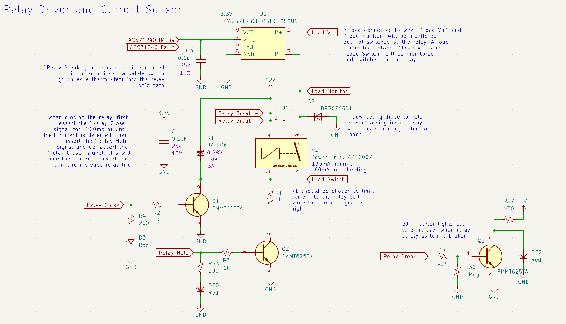 Schematic excerpt for the relay driver and current sensor.