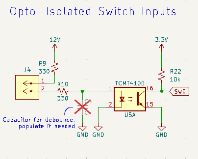Schematic excerpt for the opto-isolated switch inputs.