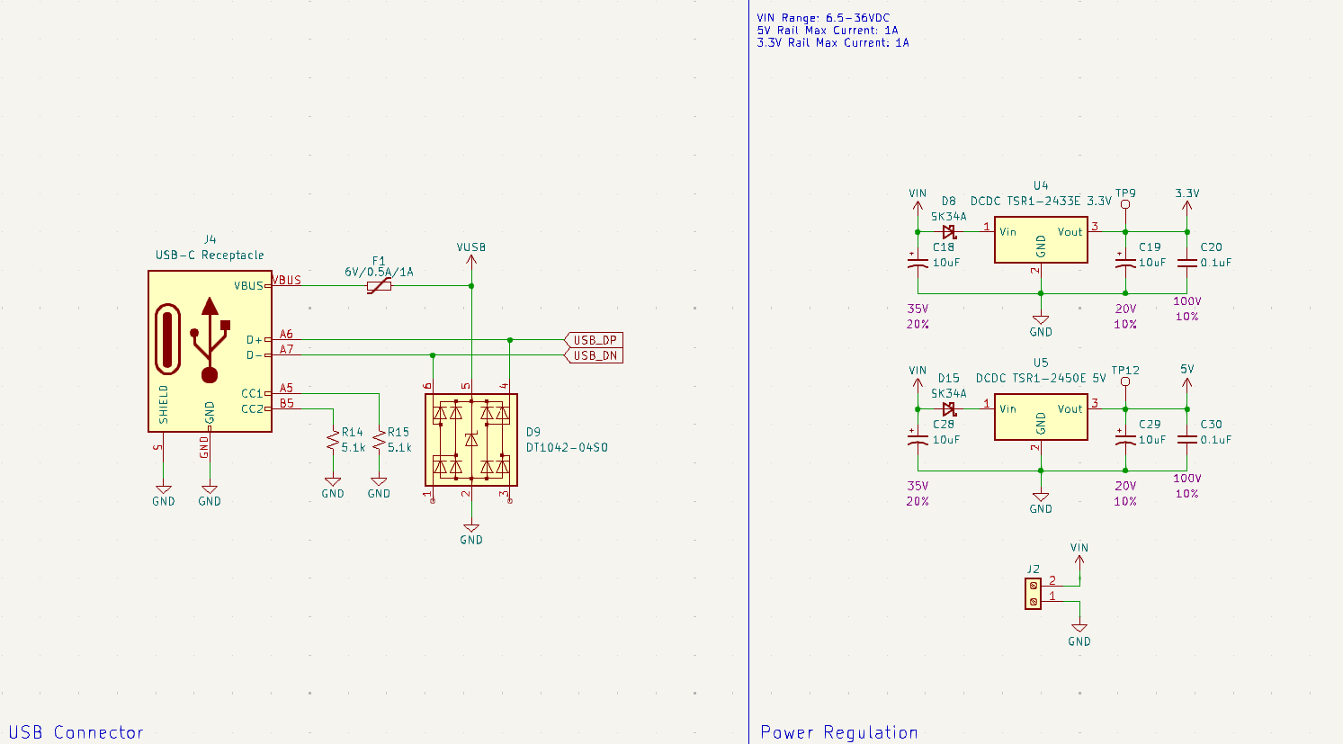 Schematic excerpt showing USB port and voltage regulators.