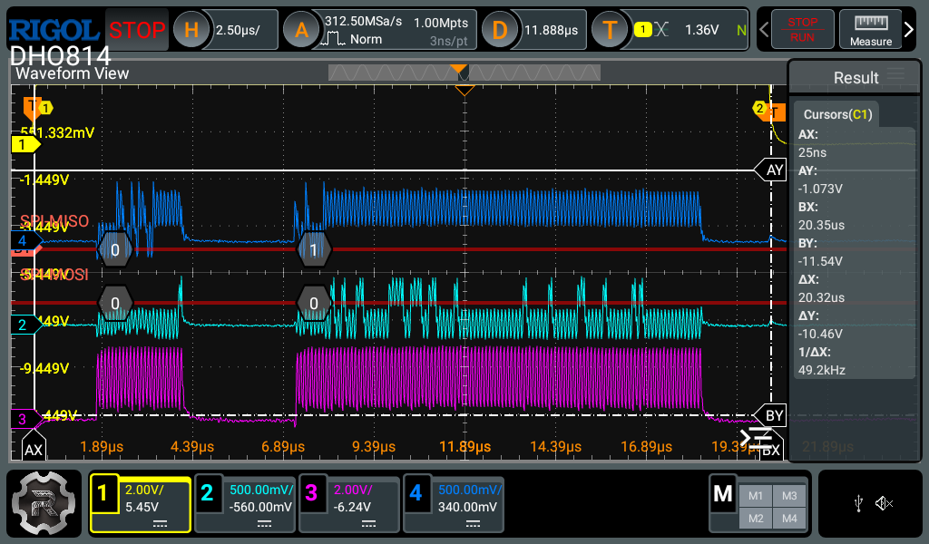 Scope trace showing the same yellow trace with considerably less dead air.